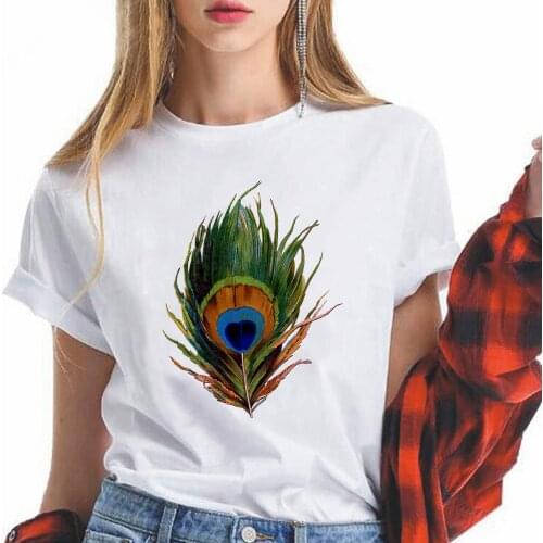 Peacock Feather Graphic T Shirts Vetement Femme 2021 Aesthetic Clothes Short Sleeve England Ropa Tumblr Mujer White Top Dropship