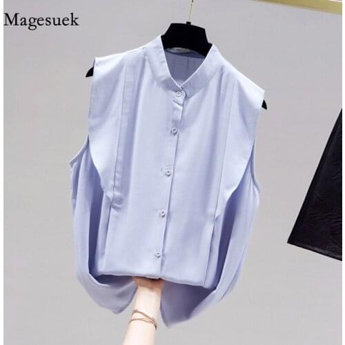 Summer New Sleeveless Women Tops Korean Ruffle Chiffon Shirt Fashion Lapel Button Up Solid Blouse Women Casual Loose Shirt 14847