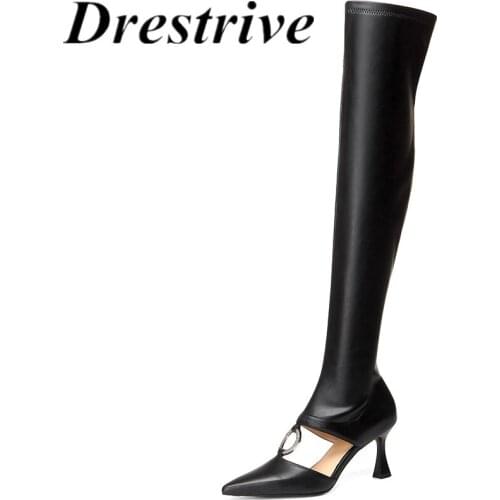 Drestrive 2021 Autumn Fashion Women Over Knee High Boots Pointed Toe Crystal Knot Thin Heels Cow +Pu Leather Zipper Black
