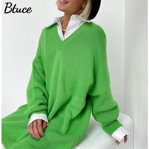 Women Green Solid Long Knitted V Neck Sweater Pullover 2021 Autumn Winter Casual Female Long Sleeve Drop Shoulder Sweater