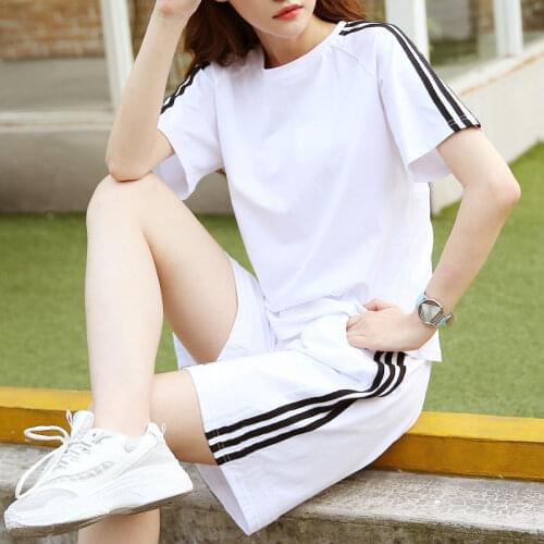 Womens Cotton Casual Sportswear Suit Summer Loose Plus Size Short Sleeve Loose Shorts Five-point Pants Two-piece Women