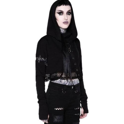 NCLAGEN Gothic Punk Y2K Bandage Women Hooded Hoodies 2020 Fashion Grid Patchwork Hole Long Sleeve Pullover Moto Black Sweatshirt