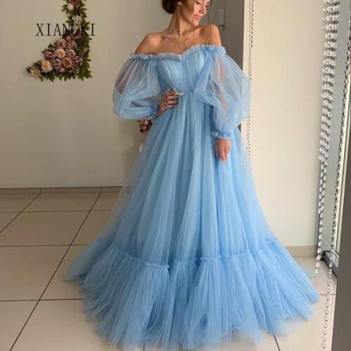 2020 Charming Sky Blue Evening Tulle Ball Gown Sweetheart V-Neck Appliques Sleeveless vestido de festa Longo