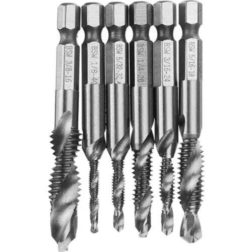 6Pcs 1/8-3/8 Inch BSW Screw Tap Drill Bits Thread HSS Combination Taps Countersink Deburr Set 1/4 Inch Quick Change Hex