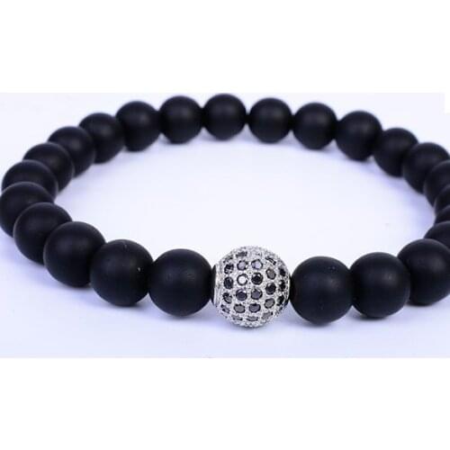 8mm uiyj5 gold silver ball Frosted agate Onyx nature black stone a micro pave cz zircon cubic zirconia Bracelet Reiki Chakra