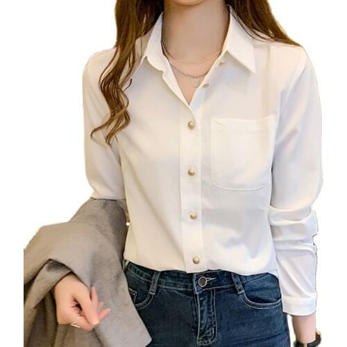 Ladies Tops Button White Shirt Women Clothes Office Spring Long Sleeve Chiffon Blouse Turn-down Collar Womens Elegantes Blouses