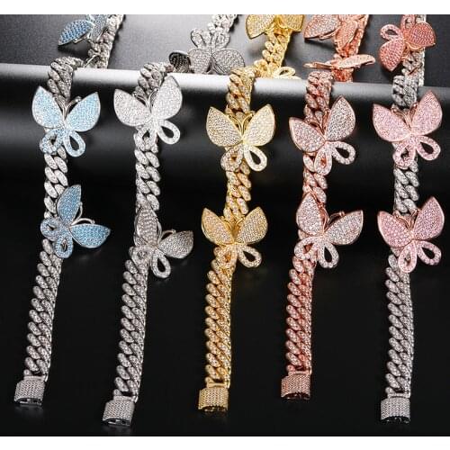 14"-26" AAA+ Cubic Zirconia Paved Bling Ice Out Butterflys Cuban Chain Chokers Necklaces for Men Women Hip Hop Rapper Jewelry