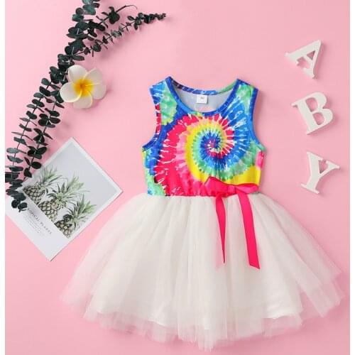 Kids Dresses Girls Sleeveless Summer Outfits Pink Bow Rainbow Mesh Splicing Party Princess Ball Gown Dress Children Clothes 1-5Y