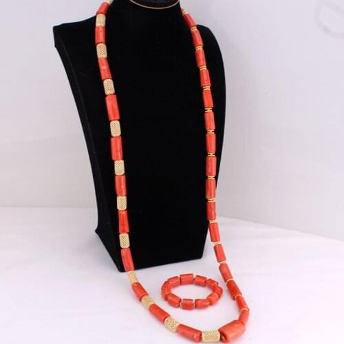 Dudo 45 Inches African Jewelry Set Nigerian Wedding Costume Long Deign Nigerian Wedding Jewelry For Men Orange and Gold