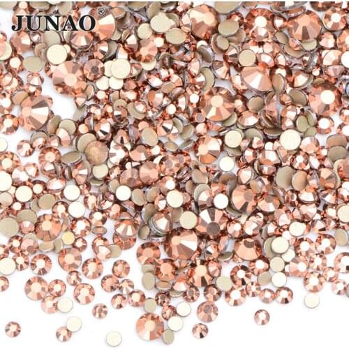 JUNAO 1400Pcs Mix Size Rose Gold Nail Art Rhinestone Non Hot Fix Glitter Strass Round Flatback Crystals Gems for Decorations
