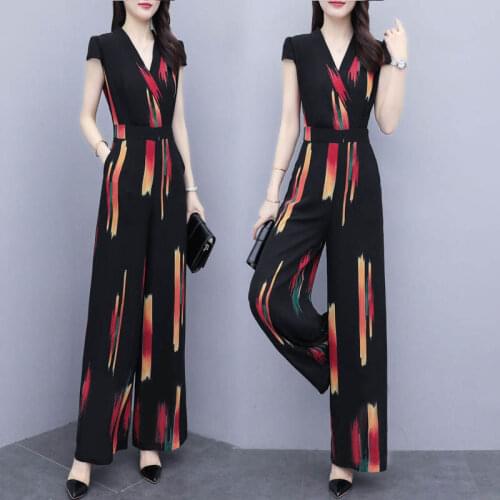 Fashion Casual Jumpsuit V-neck Women Elegance 2021 Summer New Print Bodysuit High Waist Wide Leg Pants Ladies Playsuit Romper