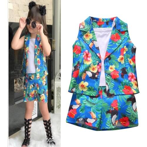 Girls Clothes 3 Piece Set Pastoral Style Sleeveless Printed Tops+Sling Vest+Printed Shorts 3-10 Yeras Girl Clothing Suits