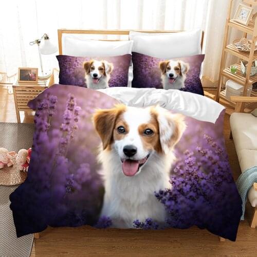 3D Duvet Cover Set Dog in Lavender Flower Twin Full Size Printed Bedding Set Comforter Quilt Kids Home Decor Bedclothes Bed Line