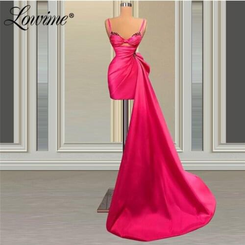 Short Party Dress Spaghetti Straps High Low Prom Dresses Robe De Soirée De Mariage 2021 Beaded Handmade Deep Pink Evening Gowns