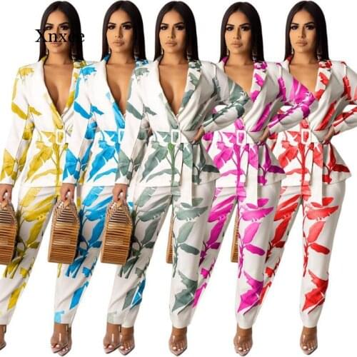 Fashion Leaves Print Women Blazer Suits Casual Long Sleeve Blazer Pants Set Office Ladies Two-Piece Blazer Sets with Belt 2Xl