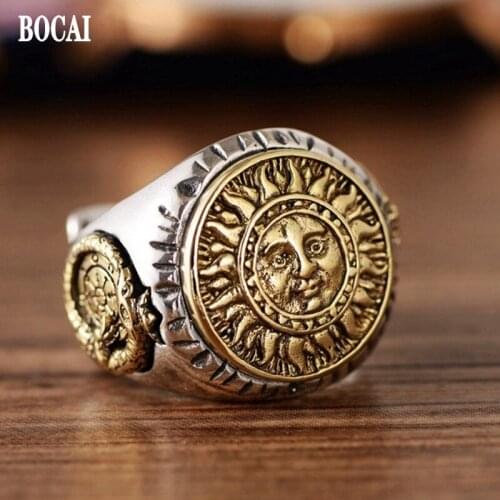 Genuine authentic S925 sterling silver ring Thai silver male and female, sun god wide adjustable ring