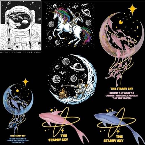Space Astronaut Thermal Stickers On Clothes DIY Washable T-Shirt Whale Patch Heat Vinyl Transfers Sticker Iron On Transfer
