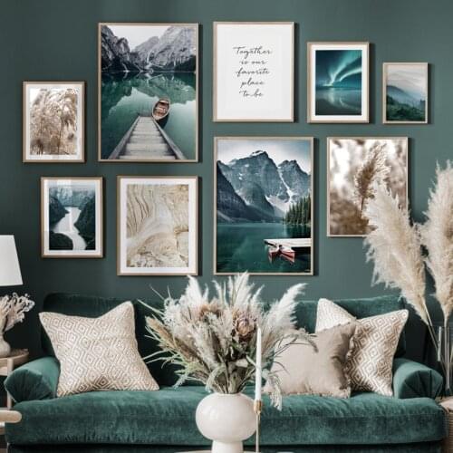 Wall Art Canvas Painting Mountain Lake Boat Dried Grass Tree Wood Nordic Posters And Prints Wall Pictures For Living Room Decor