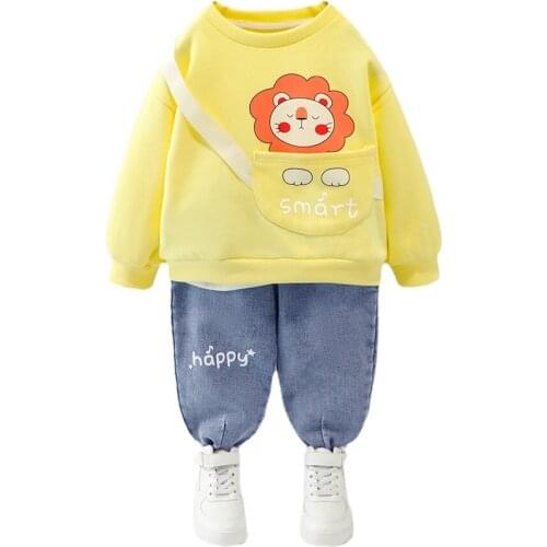 Latest Design Style Fashion Spring Kids Boys And Girls Long-sleeved Sweatshirt And Denim Pants Clothing Sets