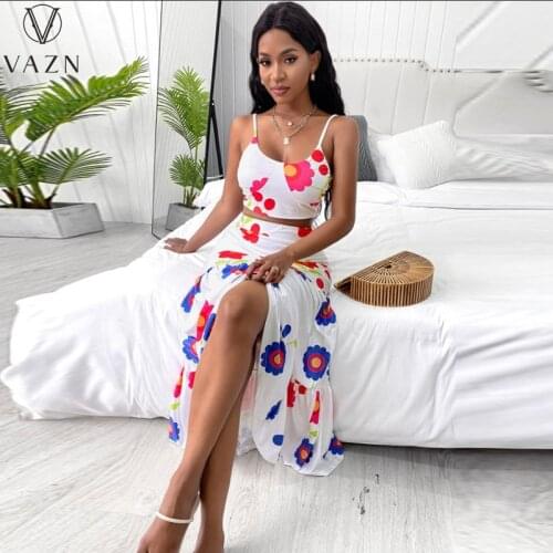 VAZN 2021 New Arrival Sexy Beach Set Summer Boho Backless Top Mini Skirts High Waist Skinny Women 2 Piece Set