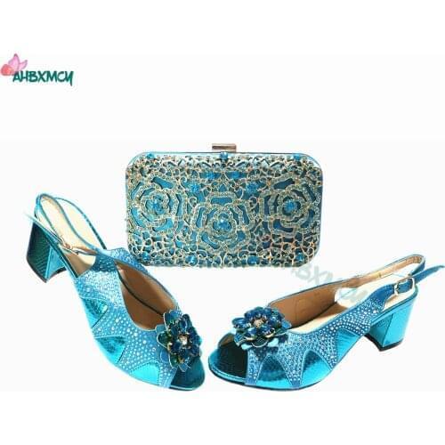 2021 New Arrivals Nigerian Women Shoes and Bag to Match in Sky Blue Color Comfortable Heels with Shinning Crystal for Party