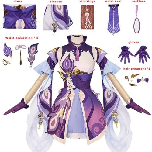 Keqing Project Genshin Impact Cosplay Dress Sleeves Stockings Waist Seal Gloves Necklace Hair Trims Girls Women 12P Full Clothes