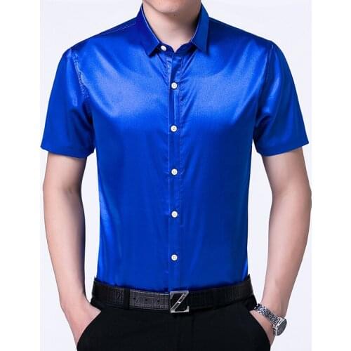 Mens High Quality Summer Silk Shirts Pure Color Male Casual Satin Dress Short Sleeve Soft Clothes