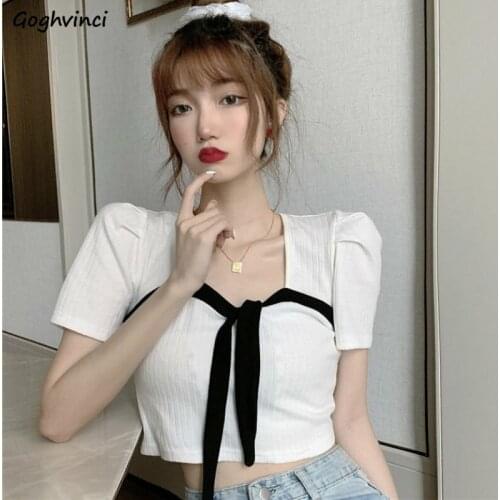Shirts Women Short Patchwork Lace Up Square Collar Designer French Style Ulzzang Elegant Slim All-match Fashion Females Summer