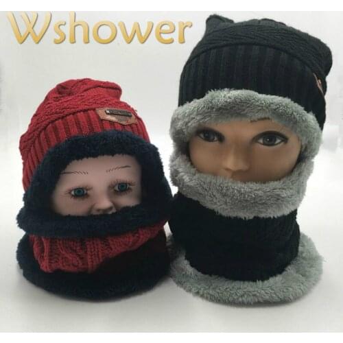 Neck warmer winter hat for kids boy girl thickened fleece liner knitted beanie scarf set children ring scarf winter cap set