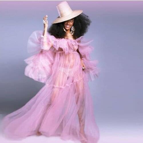 Maternity Photography Sweet Pink Tiered Sheer Tulle Dresses Elegant Long Sleeve Pregnant Women Picture Photo shoot Long Dresses