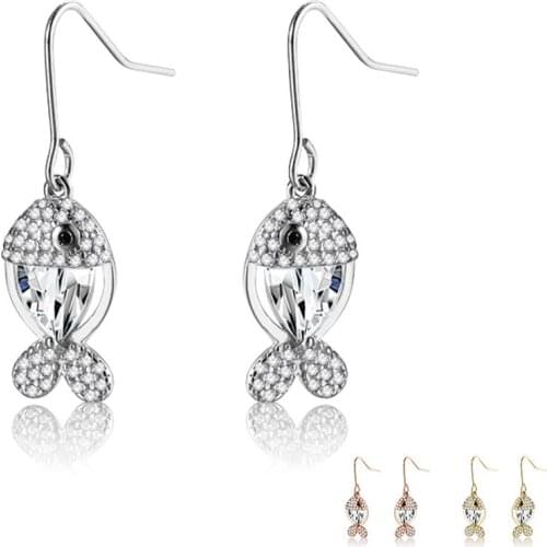 ZEMIOR Real 925 Sterling Silver For Women Jewelry Sparkling Fish Animal Drop Earrings Clear Zircon Gold Color Cute Earring