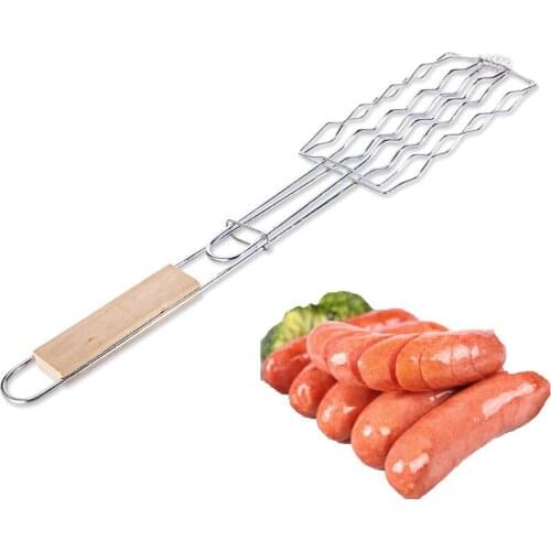 Roast 4 Sausage Wire Mesh Non-stick Tool Collapsible Shelf Wooden Handle Grill Meshes Roast Meat Stainless Steel Tool 1pc