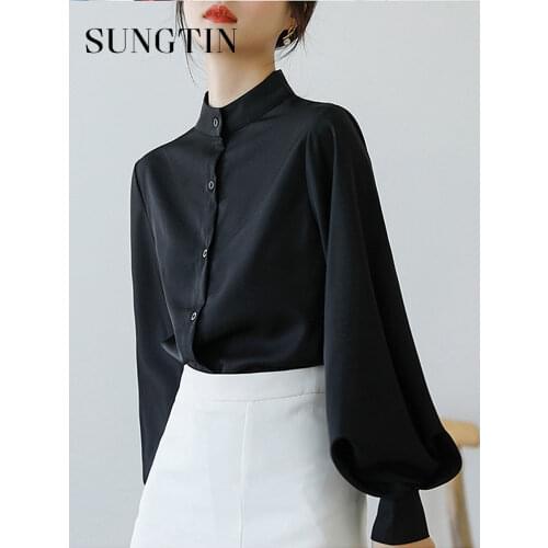 Sungtin Vintage Lantern Sleeve Blouse Women Office Lady Black White Chiffon Shirt High Quality Loose Solid Korean OL Casual Tops