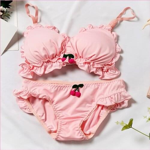 Girls Sweet Cherry Bras Woman French Style Lingerie Underwear Triangle Cup Bra Briefs Set Lolita Ruffles Wire Free Intimates