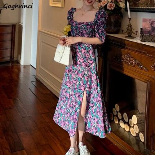 Women Short Puff Sleeve Dresses Floral Elegant Gentle Trendy Slim Side-slit Designed Square Collar Retro Sweet Teen Draped S-3XL