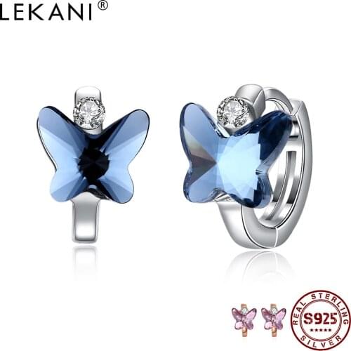 LEKANI Butterfly Stud Earrings 925 Silver Champagne Color Earrings With Pink Austria Crystal Women Wedding Party Fine Jewelry