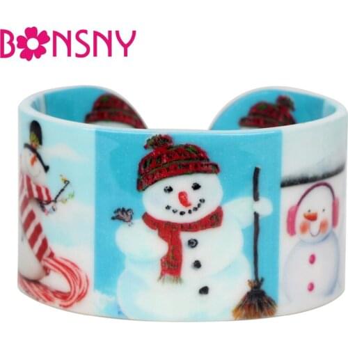 Bonsny Acrylic Christmas Anime Sweep Snowman Bangles Bracelets Craft Navidad Decoration Jewelry For Women Girls Ladies Gift New