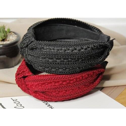 New Handmade Wide Weaving Headband for Women Winter Headwear Adults Cotton Wool Hairband Knot Solid Crochet Head Band Bow