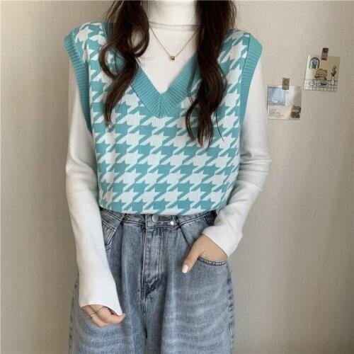 Houndstooth knitted vest womens trendy fashion Japanese stacking pullover sleeveless v-neck blouse spring and autumn 2021