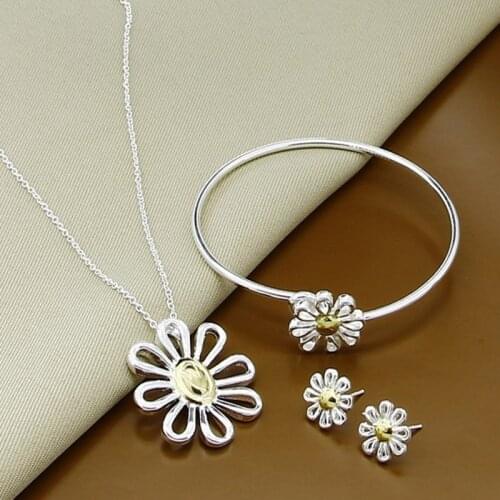 New Arrival 925 Sterling Silver Beautiful Plant Flower Necklace Bangles Earrings Jewelry Sets for Women Lady