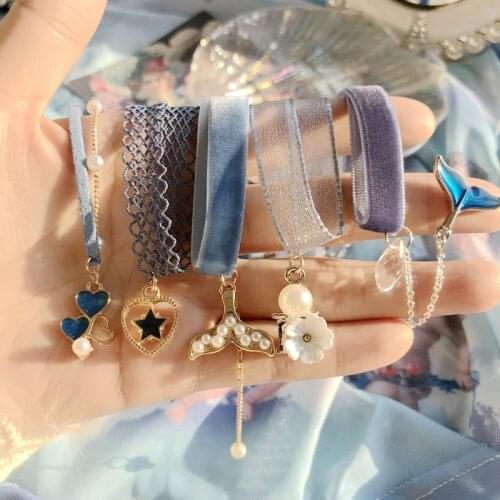 Blue Elegant Choker Necklaces For Women Lace Velvet Strip Hollow Flower Short Clavicle Fashion Jewelry Girl Cute Necklace