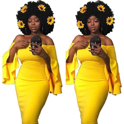 Beauty style women summer dress slash neck slim bodycon dress yellow flare sleeve sexy elegant dress A6074