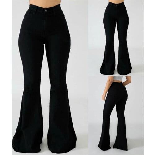 2021 Womens Jeans Casual Slim Stretchy Denim High Waist Jeans Oversized Long Flare Pants Trousers For Women Broek Dames