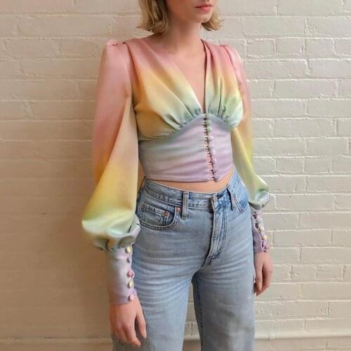 Girls Rainbow Color Blouses Fashion Palace Style Lantern Sleeves Deep V-neck Shirts for Ladies Long Sleeve Autumn Tops Clothes