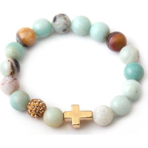 Free Shipping Fashion Amazonite Stones Energy Cross Bracelets with Crystal Pave ball Beads Bracelet