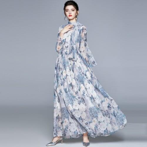 Long Sleeve Vacation Style Maxi Dress Chiffon Printed Large Swing Dress with Silk Scarf Lining Bohemian Ankle-Length Woman Dress