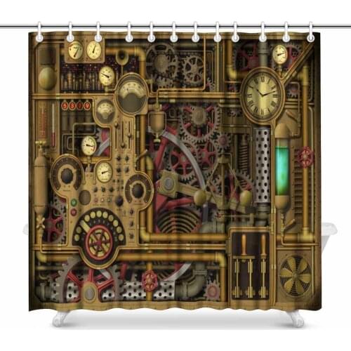 Aplysia Steampunk Background with Clocks Dials Gears and Cogs Pipes and Switches Art Bathroom Decor Shower Curtains