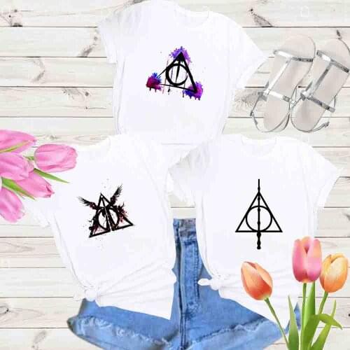 New Fashion Female Women T Shirts Vintage Charm Triangle Hallows Deathly Geometric Fiduciary Symbol Harajuku Streetwear