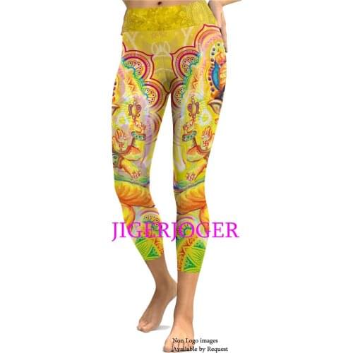 JIGERJOGER 2019 Spring yellow ganesha Capris leggings waistband a pocket gusset patches thick heavy quality activewear sportwear