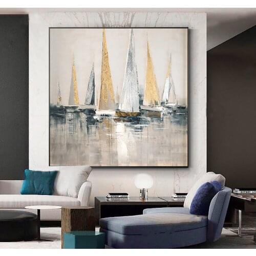 Oil Painting Hand-Painted Gold Foil Sailboat On Canvas Painting Modern Decorative Paintings For Living Room Home Wall Decoration